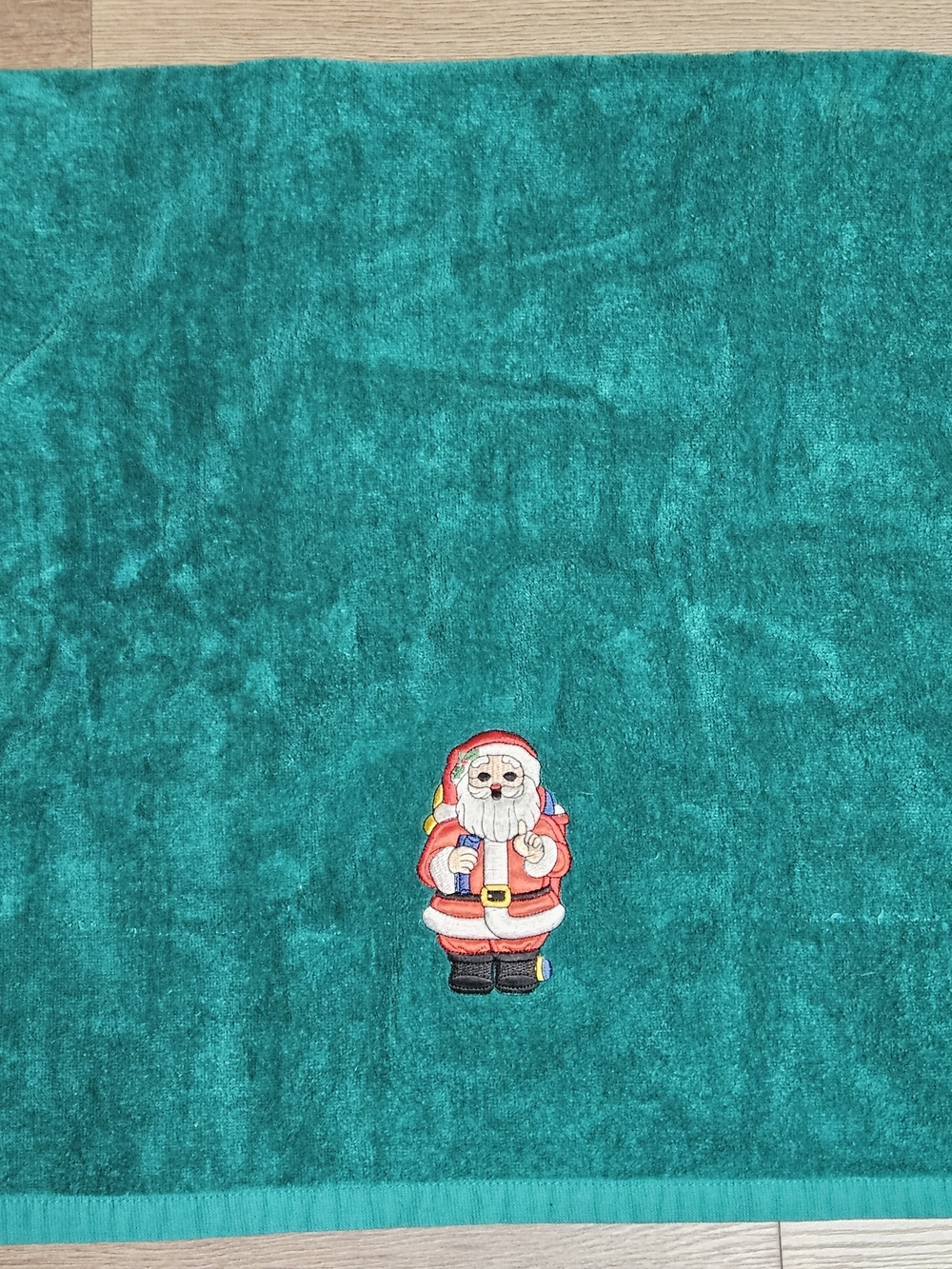 Vintage Green Holiday Santa Embroidered Towel